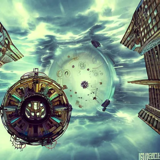 Prompt: flying city in a mechanical flower, sky, symmetry, fantasy art, steampunk, masterpiece, octane