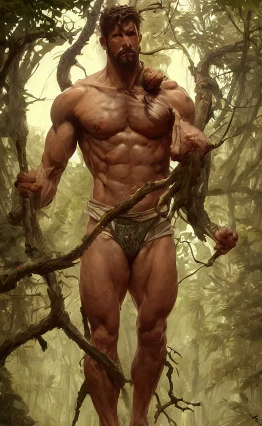 Image similar to god of the forest, 3 0 years old, rugged, male, gorgeous, detailed face, amazing, thighs!!!!!!, muscular, intricate, highly detailed, digital painting, artstation, concept art, sharp focus, illustration, art by greg rutkowski and alphonse mucha