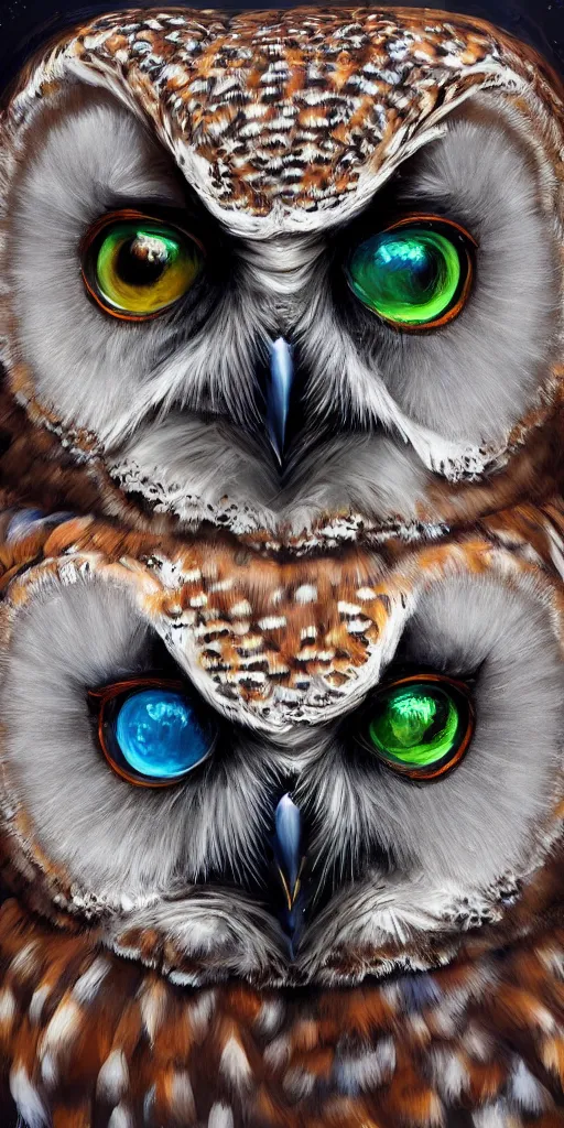Prompt: potrait of an owl with face containing another world and eyes of the rainbow, artstation, high definition
