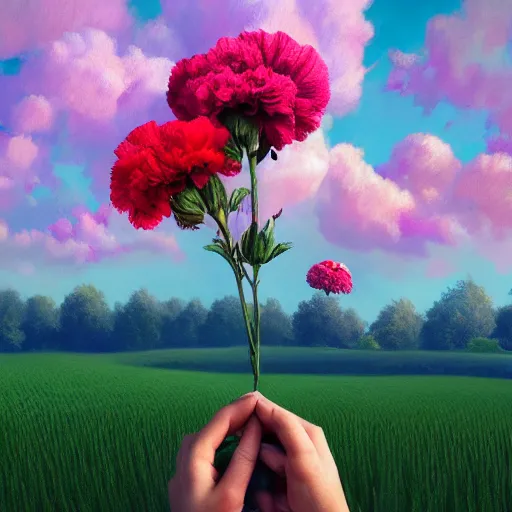 Image similar to head of carnations flower, girl in a flower field, surreal photography, sunrise dramatic light, impressionist painting, colorful clouds, digital painting, artstation, simon stalenhag, flower face