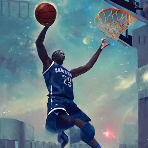 Prompt: basketball player dunking the galaxy into a hoop, realistic, 8 k, extremely detailed, cgi, trending on artstation, hyper - realistic render, by greg rutkowski