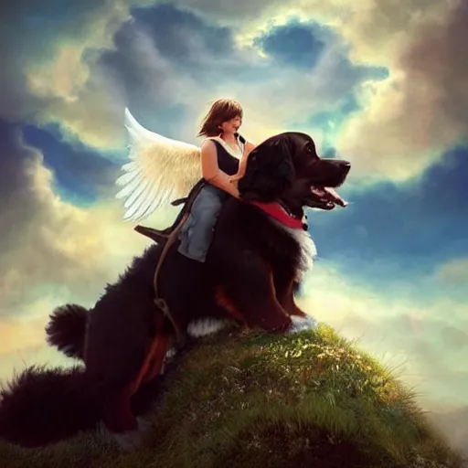 Prompt: an angel riding a giant Bernese mountain dog in heaven, trending on artstation