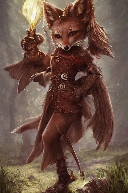 Prompt: cute little anthropomorphic foxy witch wearing a cape and a dreadlocks, tiny, small, miniature fox, baby animal, short, pale woodcut armor, cute and adorable, pretty, beautiful, DnD character art portrait, matte fantasy painting, DeviantArt Artstation, by Jason Felix by Steve Argyle by Tyler Jacobson by Peter Mohrbacher, cinematic lighting