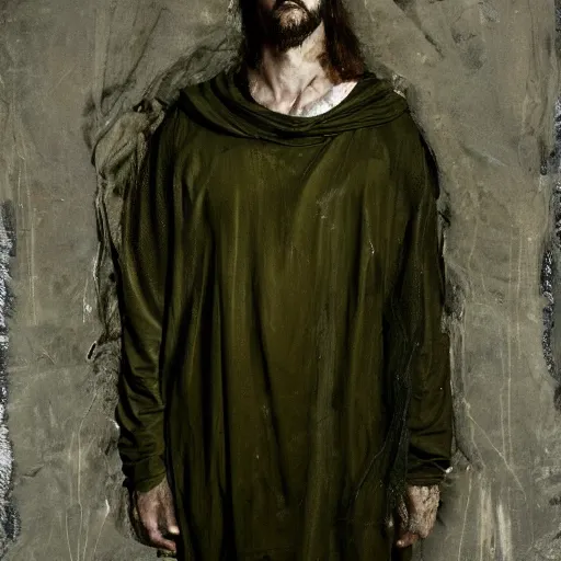 Image similar to a full body portrait of modern day jesus wearing olive green yeezy menswear collection by nicola samori, detailed, oil painting, smudges, hyper realistic, 8 k, yeezy collection