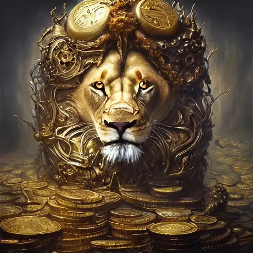 Image similar to a beautiful detailed 3 d matte portrait of a alchemist lion, by ellen jewett, by tomasz alen kopera, by justin gerard, ominous, magical realism, texture, intricate, skull, skeleton, gold coins, money, whirling smoke, alchemist bottles, radiant colors, fantasy, volumetric lighting, high details