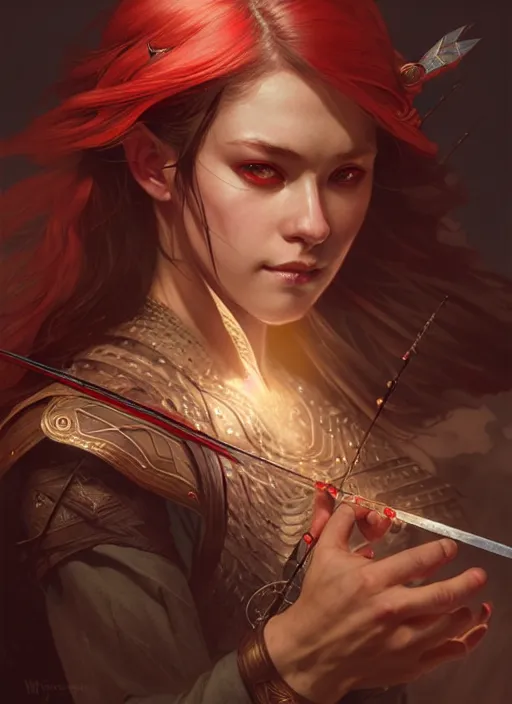 Prompt: portrait of a dnd archer, red eyes, intricate, elegant, sharp focus, illustration, highly detailed, digital painting, concept art, matte, art by wlop and artgerm and greg rutkowski and alphonse mucha, masterpiece