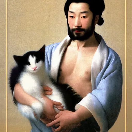 Image similar to A beautiful young Asian man, long black smooth shiny hair, light skin color and green eyes in a beautiful traditional Chinese robe, holding a white fluffy kitten, looking at dolphin playing in he pool, he is a prince and a serious person, by Johannes Vermeer, Frank Frazetta and William Adolphe Bouguereau, fantasy, trending on artstation, amazing details, mtg, digital painting, concept art