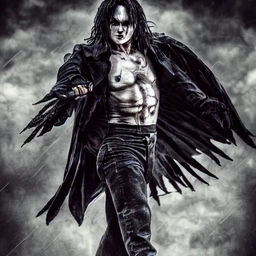 Prompt: full body pose, hyperrealistic photograph of brandon lee's the crow, dim volumetric lighting, 8 k, octane beautifully detailed render, extremely hyper detailed, intricate, epic composition, cinematic lighting, masterpiece, trending on artstation, very very detailed, stunning, hdr, smooth, sharp focus, high resolution, award, winning photo, dslr, 5 0 mm