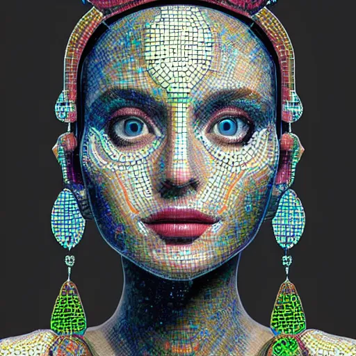 Image similar to mosaic portrait of a beautiful cute girl with robot ears by Saimir Strati, 4k, intricate details, digital, water