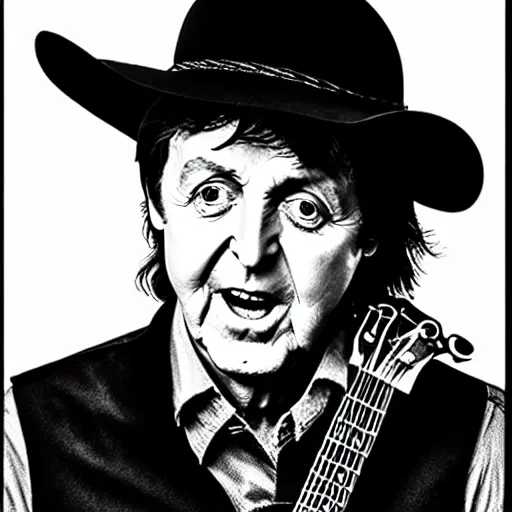 Image similar to Paul McCartney as a cowboy playing the banjo, 8k, high definition, highly detailed, photo-realistic