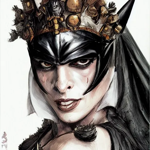 Image similar to batman as an attractive young smiling woman played by milla jovovich wearing a mushroom crown and heavy armoured wedding dress, face portrait, hd shot, digital portrait, elegant, beautiful, fantasy art, artstation, comic style, by artgerm, guy denning, jakub rozalski, magali villeneuve and charlie bowater