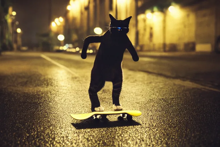 Prompt: a cat riding on a skateboard, black sunglasses!, black backwards cap!!, night, rain, cinematic, photograph, volumetric lighting, f 8 aperture, cinematic eastman 5 3 8 4 film, photorealistic