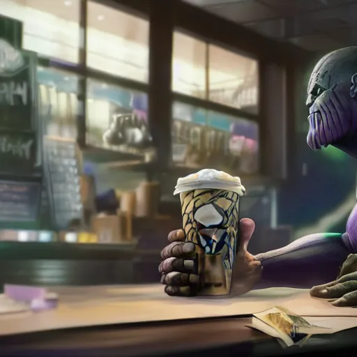 Prompt: thanos working at starbucks, oil painting, octane render