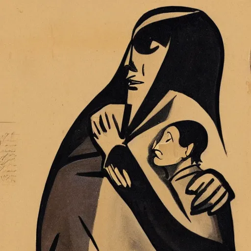 Image similar to This illustration was painted in 1937 during the Guerra Civil Española. The woman in the illustration is weeping for her dead husband. She is wearing a black dress and a black veil. Her face is distorted by grief. The illustration is dark and somber. Navajo green, illuminated codex gilded by Ossip Zadkine dismal