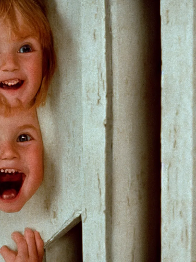 Image similar to a cute little blonde kid trying to see through a huge vertical crack on a white wooden door and grinning maniacally, a still from the 1980 movie the shining, realism, 4k, grainy, panavision