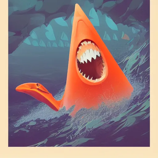 Image similar to orange traffic cone with shark teeth, ocean background detailed atmospheric - ron cheng & alphonse mucha, highly detailed, digital painting, ray tracing, concept art, illustration, smooth sharp focus, intricate, symmetry, artstation,