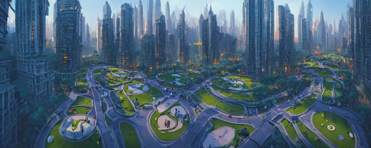 Prompt: Concept art, beautiful painting of a small miniature golf course in the center of a huge metropolis city with huge skyscrapers and busy streets during rush hour, mountains in the background, 8k, Jeremy Cheung, greg rutkowski, artstation, aerial view, wide angle, 18mm, cinematic shot, blue hour, ArtStation