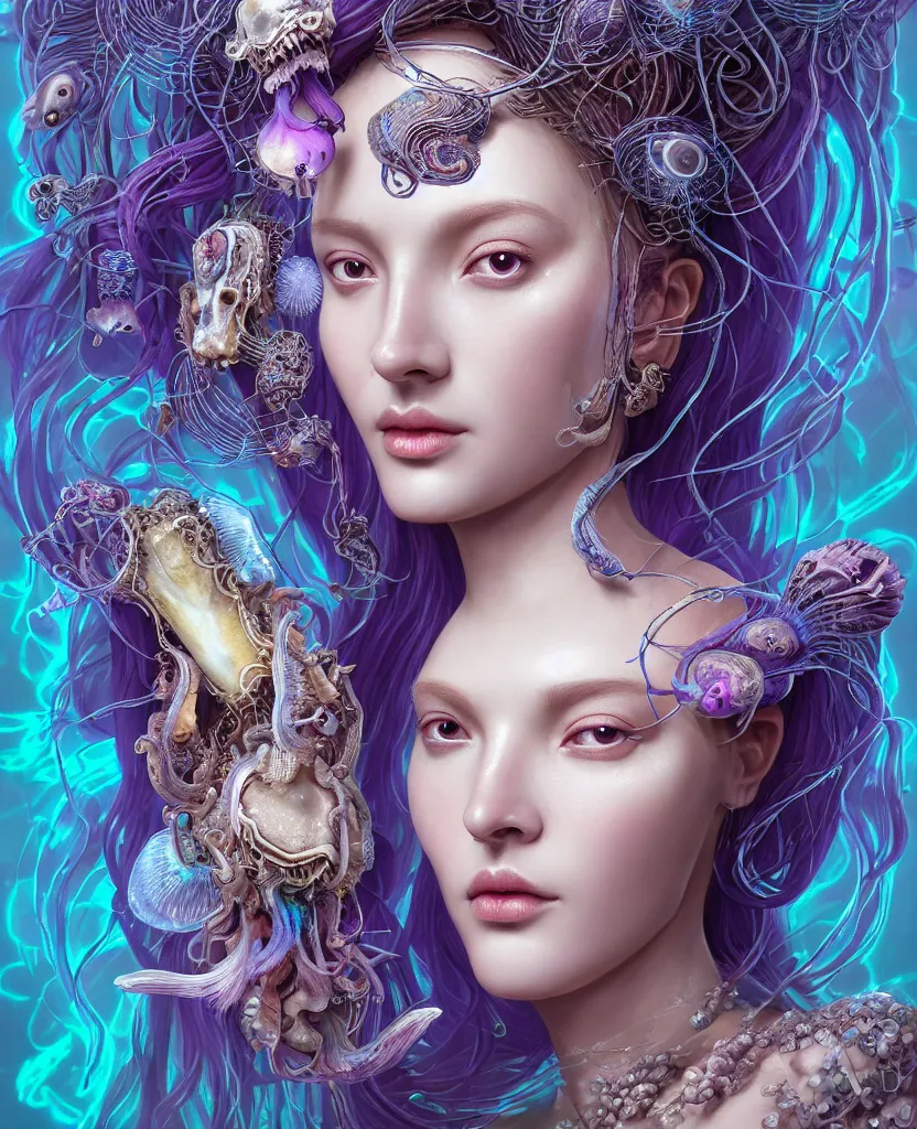 Prompt: goddess close-up portrait of princess face and ram skull. eyes. jellyfish phoenix head, nautilus, orchid, skull, betta fish, bioluminiscent creatures, intricate artwork by Tooth Wu and wlop and beeple. octane render, trending on artstation, greg rutkowski very coherent symmetrical artwork. cinematic, hyper realism, high detail, octane render, 8k