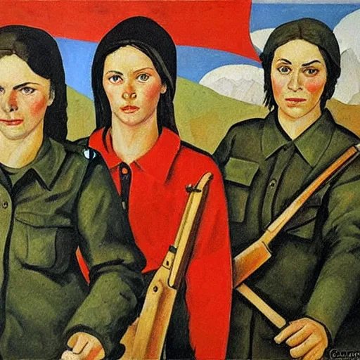 Image similar to soviet painting of female soviet partisan by isaak brodsky, walter womacka, czeslaw znamierowski, vladimir pchelin, kuzma petrov - vodkin, igor berezovsky