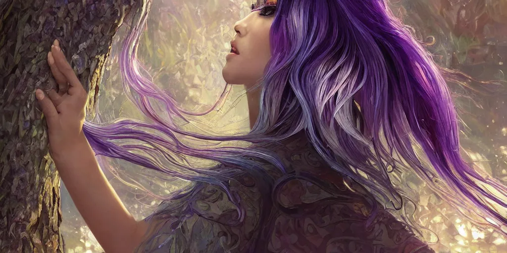 Image similar to wide angle, opulescent purple panther, metallic silver and ice color reflected crystal hair, leaping from babaob tree, fantasy, intricate, very beautiful, elegant, golden light, highly detailed, digital painting, artstation, concept art, smooth, sharp focus, unreal engine, art by wlop and tian zi and alphonse mucha