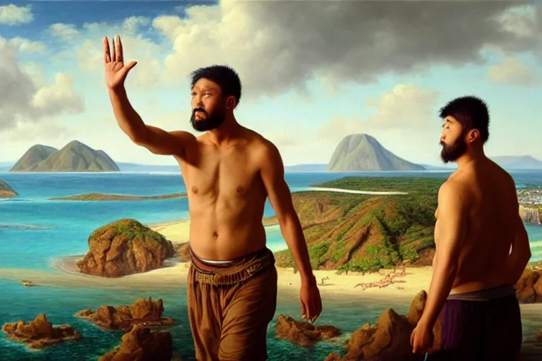 Prompt: ( ( a beautiful 8 k photorealistic masterpiece oil painting ) ( of ( man who is leaving the mainland to go to a new island, waving to the mainlanders ) ( the inhabitants of the new island look at the man, serious in the background, on their island ) ) ( hyperrealism ) ( 1 6 k ) ( trending on artstation )
