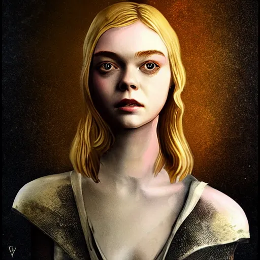 Prompt: Elle Fanning in the painted world of Dark Souls, head and shoulders masterpiece, apocalypse, golden hour, cosmic horror, artstation, in the style of De Stijl, extremely detailed