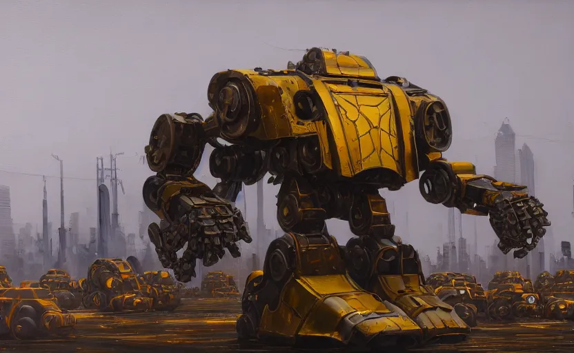 Prompt: an intricate oil painting of a giant armored plated metal mecha, croud, cars, by simon stalenhag, rust, yellow and black trim, trending on artstation, hdr, 8 k