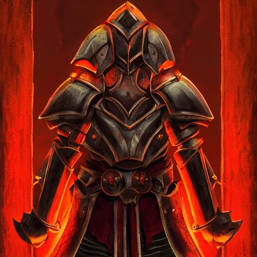 Image similar to blood paladin, fantasy art, located in a castle, legendary armor, red sunlight through the window, decorated, high quality, highly detailed,