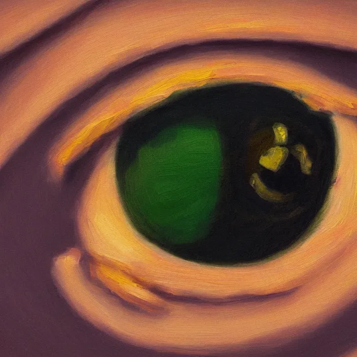 Prompt: a very detailed closeup painting of an eyeball, scary, very small brushstrokes, in the style of edward hopper, 4 k,