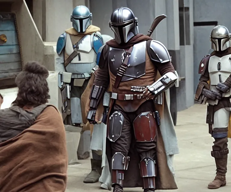 Image similar to still image of the mandalorian in an episode of seinfeld