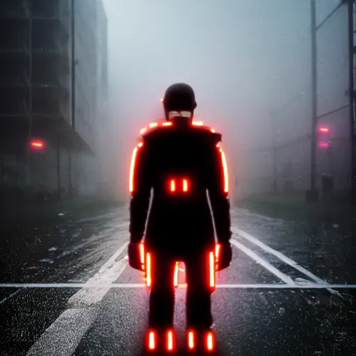 Prompt: Cinematic wide shot of an intense model with glowing irises wearing futuristic Militech gear in a rainy parking lot, lights of mega buildings visible through the fog in the distance. Haunting atmospheric cyberpunk. Iconic movie still, 85mm anamorphic lens.