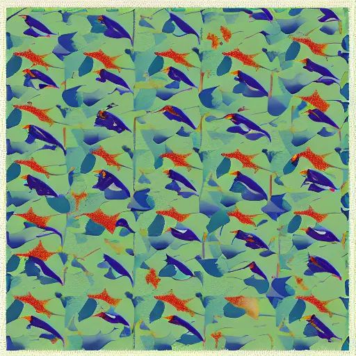 Image similar to tessellation showing dolphins and birds