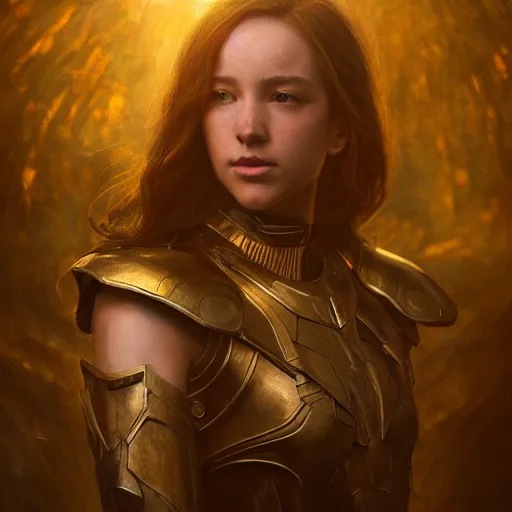 Prompt: attractive aesthetically pleasing young girl portrait, partially clothed in metal-plated battle armor, atmospheric lighting, painted, intricate, volumetric lighting, beautiful, golden hour, sharp focus, ultra detailed, by Leesha Hannigan, Ross Tran, Thierry Doizon, Kai Carpenter,Ignacio Fernández Ríos