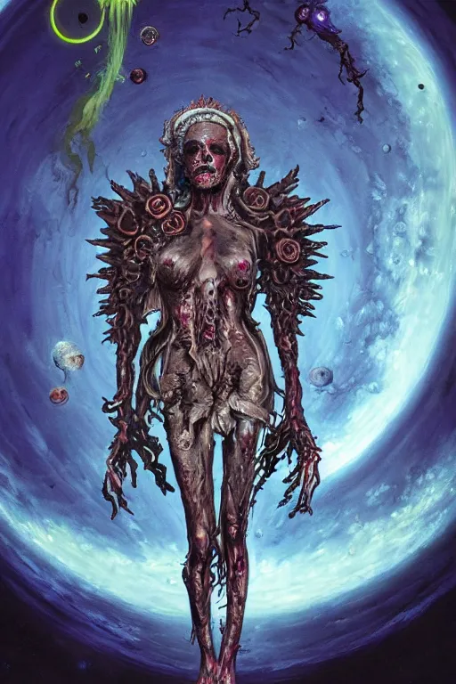 Image similar to beautiful painting of the zombie queen in Space covered in sigils and with an arcane halo by wayne barlowe trending on artstation detailed painting Unreal Engine