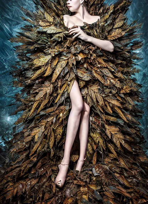 Prompt: expressive full body photo of anya taylor - joy, dress made of leaves, glamour shot, by karol bak, stefan gesell, photorealistic, nikon d 4 x, fashion photography, hyper maximalist, elegant, ornate, luxury, elite, environmental portrait, symmetrical features, octane render, unreal engine, solid dark grey background, dramatic lights