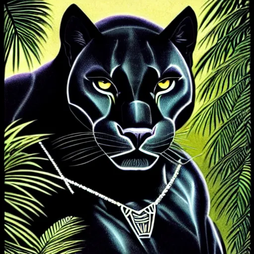 Image similar to artdeco illustration of one beautiful majestic black panther. beautiful. mysterious. intricately detailed. meticulously rendered. background is a jungle. epic skym hd. trending on art station. h 7 6 8