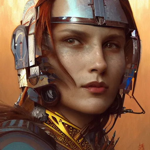 Image similar to A native american Ruler, robot, techwear, artists portrait, futuristic, fantasy, highly detailed, digital painting, concept art, sharp focus, depth of field blur, illustration, art by artgerm and greg rutkowski and alphonse mucha