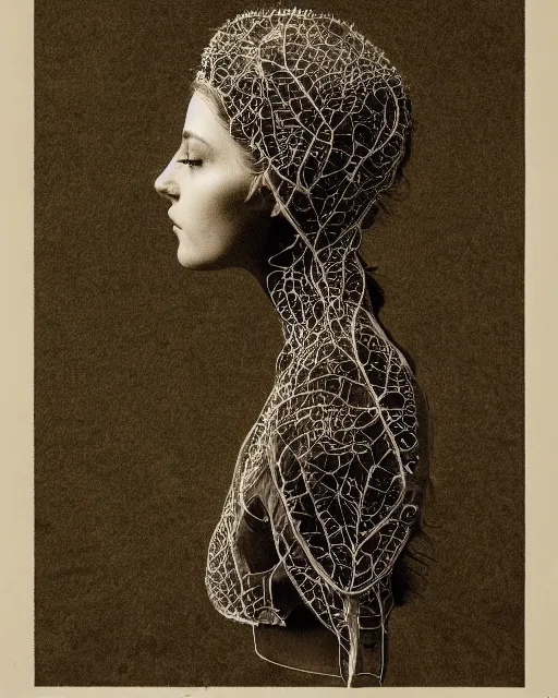 Prompt: a woman's face in profile, wearing a vintage motorcycle helmet made of recursive intricate delicate leaf skeleton, in the style of the dutch masters and gregory crewdson, dark and moody