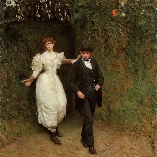 Image similar to young victorian man and woman adventuring in a maze, painted by alfred stevens