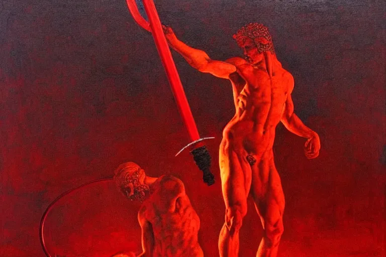 Image similar to only with red, a red melted apollo with a laurel wreath and a flaming sword announce the win, atene in the background, in the style of beksinski, part by hopper, part by rodcenko, part by hofbauer, intricate composition, red by caravaggio, insanely quality, highly detailed, masterpiece, red light, artstation