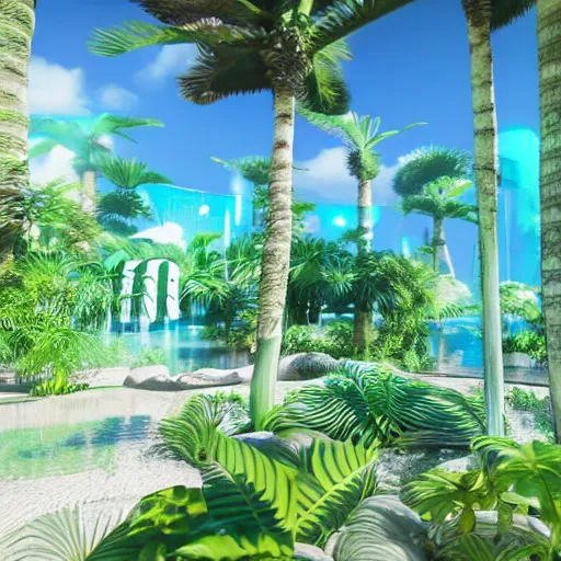 Image similar to vaporwave oasis, high detail, rendered in unreal engine, 3d render, god rays, volumetric lighting, award winning, vegetation