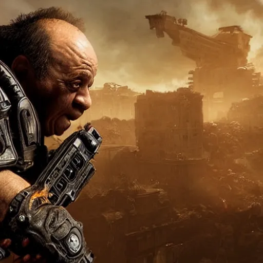 Image similar to danny devito danny devito in gears of war, splash art, movie still, detailed face, photorealistic facial features, cinematic lighting, dramatic, octane render, long lens, shallow depth of field, bokeh, anamorphic lens flare, 8 k, hyper detailed, 3 5 mm film grain