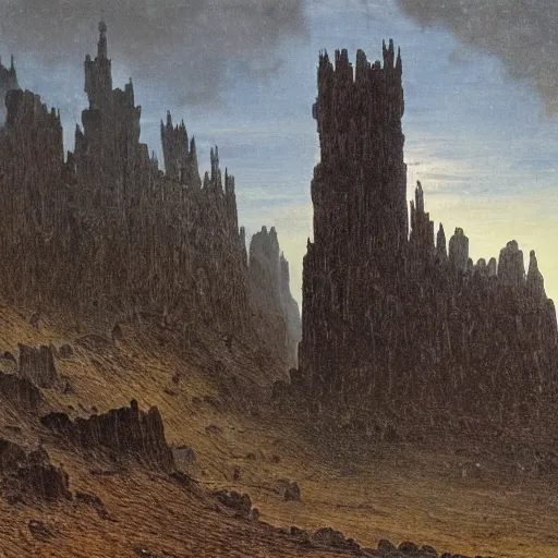 Prompt: Scorched ashen landscape dominated by an obsidian tower, matte oil painting, fantasy, exquisitely detailed, gothic, by Caspar David Friedrich