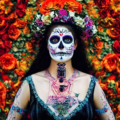 Image similar to photo portrait of a beautiful day of the dead female, depth of field, zeiss lens, detailed, symmetrical, centered, by edward robert hughes, connor hibbs, annie leibovitz and steve mccurry, david lazar, jimmy nelsson, breathtaking, 8 k resolution, extremely detailed, beautiful, establishing shot, artistic, hyperrealistic, beautiful face, octane render
