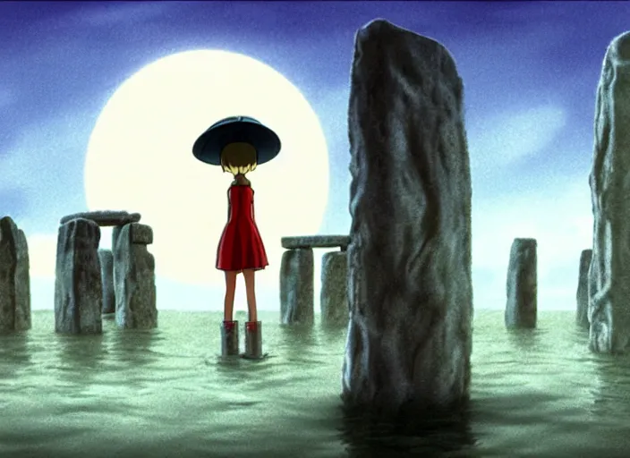 Image similar to a realistic cell - shaded studio ghibli concept art from paprika ( 2 0 0 6 ) of a floating alien from close encounters of the third kind ( 1 9 7 7 ) and a grey witch meditating on top of a pillar in a flooded stonehenge on a misty starry night. very dull colors, hd, 4 k, hq