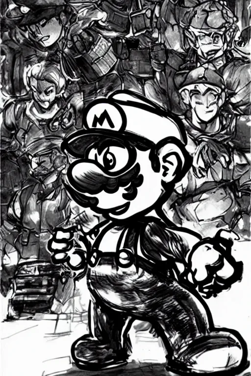 Prompt: super mario drawn by yoji shinkawa