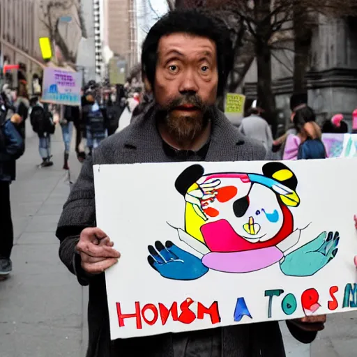 Image similar to a protest sign that says arm the homeless by takashi murakami