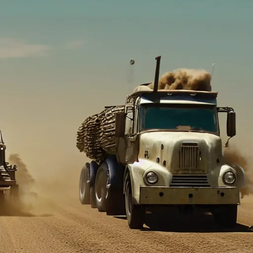 Image similar to t 6 6 0 tractor trailer truck in mad max : fury road, midday light, dust storm,