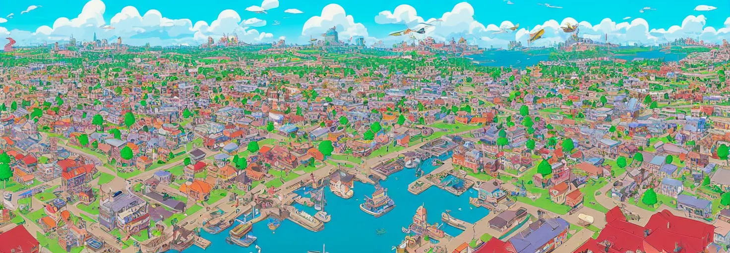 Image similar to a beautiful port town as seen from above in the style of animal crossing new horizons and kiki's delivery service by geof darrow and jean giraud h 6 4 0