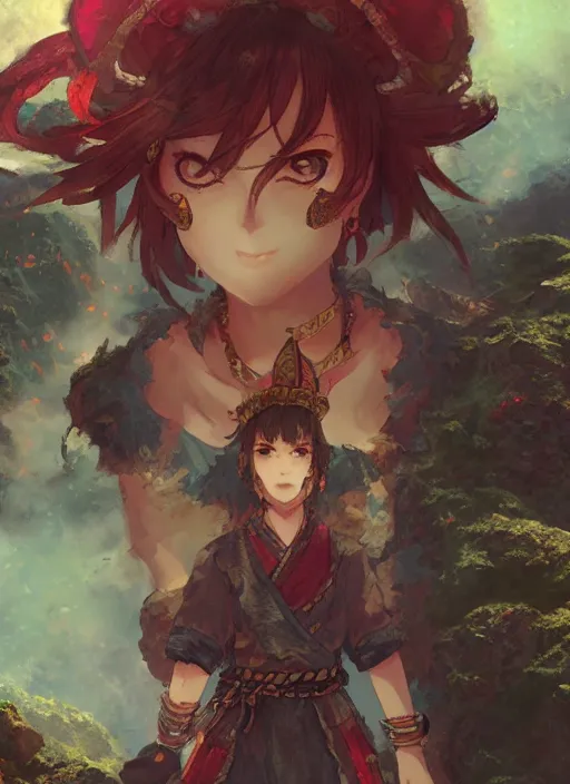 Image similar to character portrait of the ruby herald at the volcano temple, hidari, color page, tankoban, 4K, tone mapping, Akihiko Yoshida.